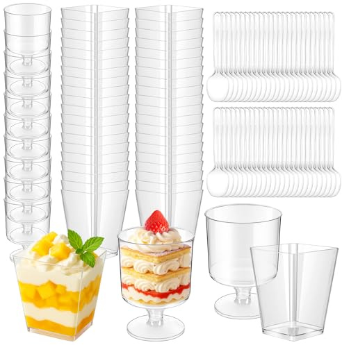 50Pcs Dessert Cups Cheesecake Pots, 150ml Reusable Dessert Cups with Spoons | Square and Round Plastic Dessert Cups, Reusable Desert Cups Dessert Pots for Pudding Mousse Ice Cream, Birthdays Party