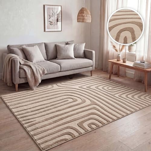 Paco Home Kurzflor Teppich Wohnzimmer, Moderne geometrisch abstrakte Muster, 3D-Effekt, Klassisch Skandi Stil, Unicolor einfarbig Beige, Grösse:160x220 cm