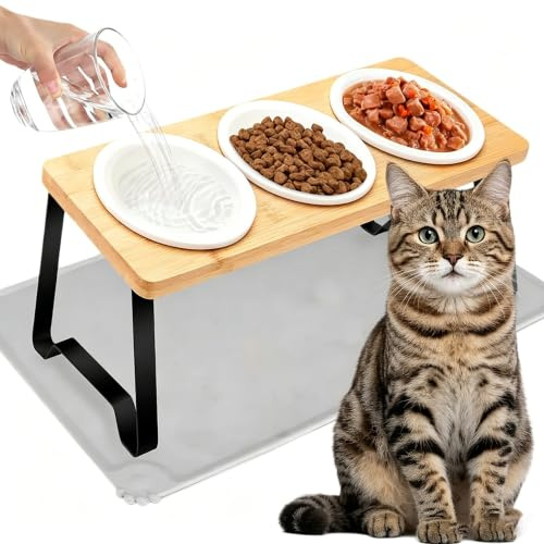 Katzennapf Erhöht, Erhöhter Futternapf Katze mit 3er Katzennäpfe Keramik und 1 Napfunterlage Silikon, Futterstation Katze, Fressnapf und Wassernapf für Katzen und Kleine Hunde