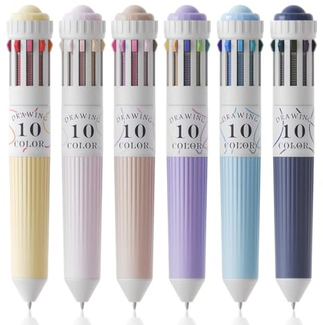 6er-Pack Mehrfarbiger Kugelschreiber mit 10 Farben, 10-in-1 Farbstifte, Einziehbarer und Tragbarer Schreibstift, Komfortables Praktisches Kugelschreiber Set für Schule, Büro, Alltag und Unterwegs
