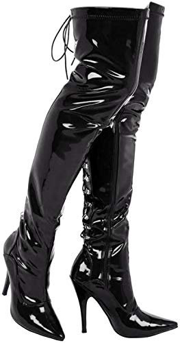 Gizelle Back Lace UP Over The Knee Boots, Stivale sopra Il Ginocchio Donna, Black Patent, 37 EU