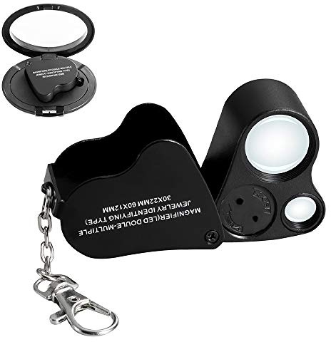 Jiusion Tragbare, beleuchtete LED-Schmucklupe 30X 60X Tragbare Handlupe mit Zwei Linsen Lupenbrille Mikro-Mikroskop mit Schlüsselanhänger und Lanyard (Schwarz)
