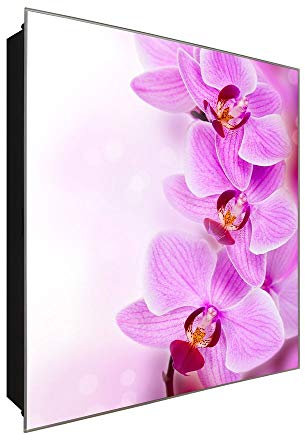 DekoGlas Schlüsselkasten Aus Glas Schlüsselbox Schlüsselschrank 30 x 30 cm Abschließbarer Kasten Motivschlüsselbox Kratzfest Schlagfest 50 Haken Schreibtafel Beschreibbar Lila Orchidee