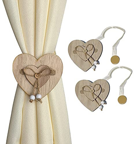 GIRASOLE HOME 2 magnetische Raffhalter aus Holz in Herzform, Shabby Chic, 2 Stück mit Kordelzug aus Organza für leichte Vorhänge und Vorhänge (Herz, Natur)