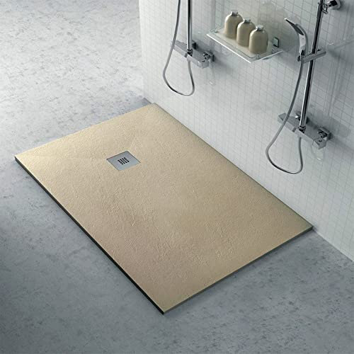 Inbagno Piatto Doccia 80x100 cm Tortora Effetto Pietra in Resina riducibile su Misura, Inclusa griglia e piletta di Scarico, Karen