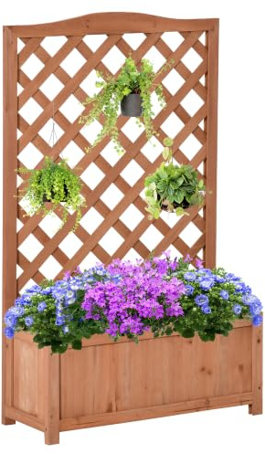 Outsunny Jardinière avec Treillis Bac à Fleurs 70 x 28 x 117 cm Marron | Lit Surélevé, pour Plantes Grimpantes Légumes Fleurs, Bois Massif, Intérieur Extérieur, Cour Jardin Balcon