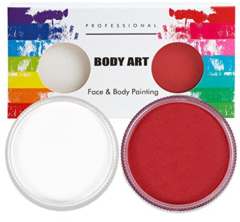 Profi-Schminke Fasching Set, Wasservermalbar 30g x 2 Colors Größere Schminkfarben, Faschingsschminke für Halloween, Fasching oder Verkleidungsparty, Weiß + Rot
