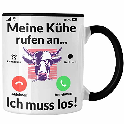 Trendation - Meine Kühe Rufen An Tasse Geschenk Landwirt Bauer Geschenkidee Landwirtin Kuh Grafik (Schwarz)