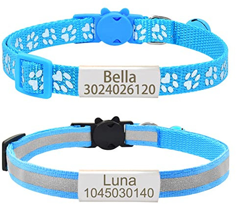 Senristar Personalisierte 2 Pack Reflektierende Katze Halsband, Benutzerdefinierte Breakaway Halsbänder Mit Namensschild und Glocke, Anti-Verlust Namensschild für Mädchen & Jungen
