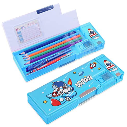 LilyBeauty Pop-Up-Multifunktions-Federmäppchen für Mädchen und Jungen, niedliche Cartoon-Stiftebox, Organizer, Schreibwaren mit Spitzer, Zeitplan, Schulbedarf, Blau