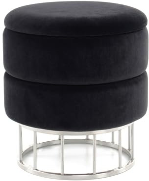 Qiyano Edina Hocker mit Stauraum Schwarz, Modern, Runder Polsterhocker mit Elegantem Metallgestell, Vielseitig Nutzbar, Komfortabel & Platzsparend