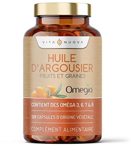 Huile d’argousier – 120 Capsules – Omega 3, 6, 7, 9 – Fabriqué avec Omegia® – Oméga-3 Végétalien - Sans Additifs (120 Capsules - Bouteille)