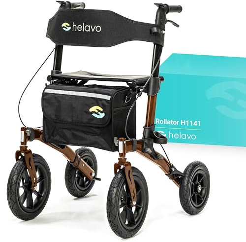 Helavo Rollator mit Pannensicheren Vollgummireifen für Draußen - Faltbarer Aluminium Outdoor-Rollator mit Sitz - Maximale Mobilität & Komfort im Außenbereich