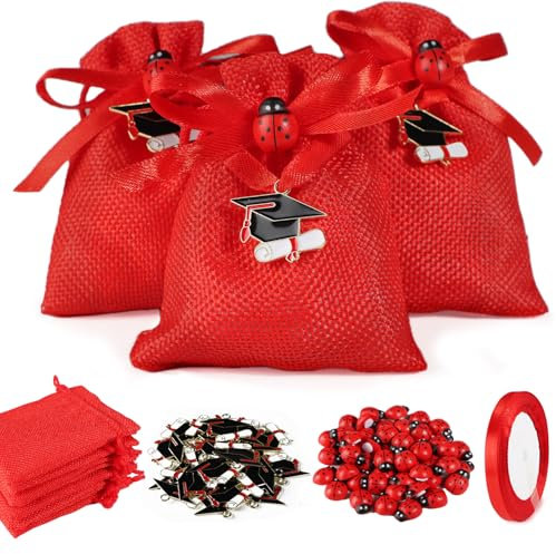 24pz Sacchettini Bomboniere Laurea Portaconfetti e Ciondoli Tocca - 50pz Ciondoli Coccinella, Sacchetti Iuta Rossa, Confetti e Nastro Rosso - Addobbi Laurea e Festa