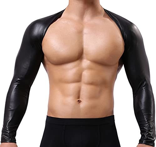 FEOYA Mens Half Crop Top Faux Leather Arm Cover Sleeves Shrug Mesh Long Sleeve Tops for Men UK Sexy Muscle Top Black L Sports Undershirt Cropped Shiny Metallic T Shirt Clubwear Workout Gym Activerwear