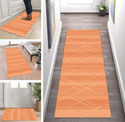 ZUZEKU Läufer Teppich Lang Flur Küchenteppich Orange Korridor rutschfest Modern Teppichmatten 50X180cm Küchen Schlafzimmer Esszimmer Polyester Meterware Anpassbar