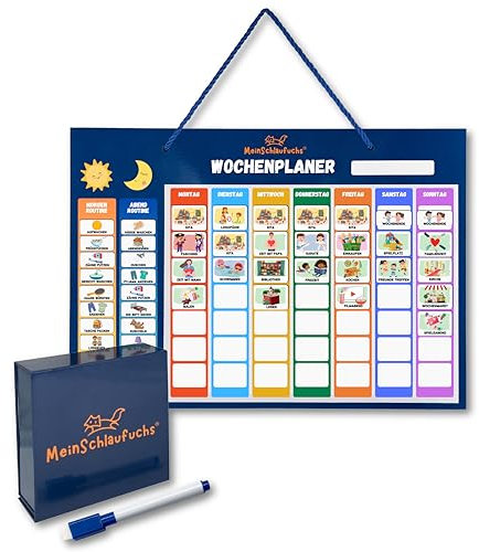 MeinSchlaufuchs® Wochenplaner Kinder - Montessori Magnettafel inkl. 250 Magnete, Aufbewahrungsbox, Kordel & Stift - beschreib- & abwischbar - Routine Planer Kinder - Kalender Kinder