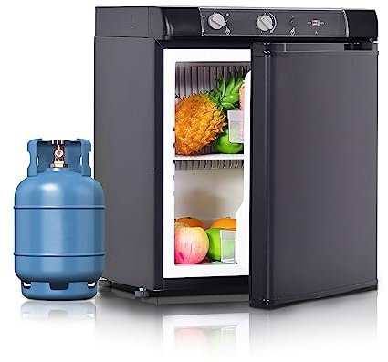 Techomey Gas Fridge 40L, 3 Way Fridge Camping for Caravan 12V 240V LPG, Gas Fridge Camping for Motorhome, Campervan, Car, Quiet, Black, 28~30mbar