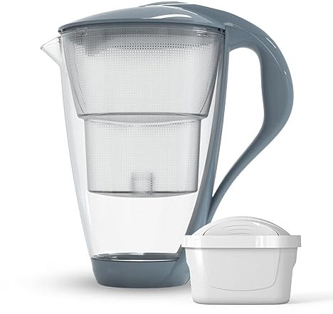 Dafi CRYSTAL Carafe Filtrante en Verre LED, Gris 2L - Carafe pour Eau, Réduction du Calcaire, du Chlore, Sns BPA, Capteur LED - Contient une Carafe Filtrante + un Filtre à Eau UNIMAX