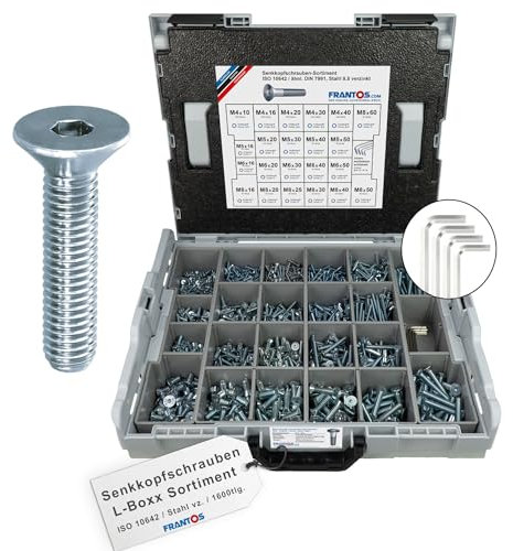 FRANTOS L-Boxx Sortimentskoffer mit Innensechskant Senkkopfschrauben ISO 10642 in Stahl verzinkt - 1.600 tlg. + 4 Winkelschlüssel I Senkschrauben Schraubensortiment Set