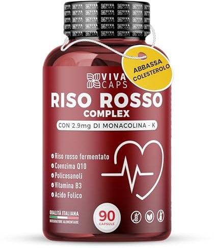Riso Rosso Fermentato Colesterolo 97 Mg con 2,9 mg di Monacolina K 90 Cps, Integratore Colesterolo con Coenzima Q10, Acido Folico e Policosanoli sostiene l'equilibrio lipidico - Made in italy