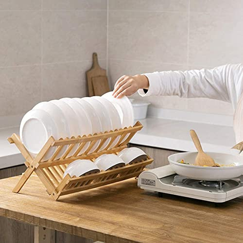 Supfine Abtropfgestell Geschirr - Abtropfgitter Gestell Klappbar- Geschirr Abtropfständer - Abtropfschale für Küchen Spüle - Abtropfkorb für Teller Gläser Besteck, Bambus, 26 x 42 x 33cm
