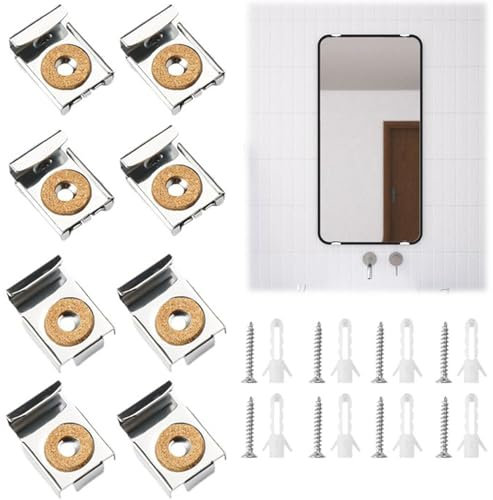 8 Pezzi Clip per Specchio, Ganci per Specchio a Muro con Prigionieri e Viti, Clip Specchio a Molla Gancio, Fissaggio a Parete in Vetro Specchio Senza Cornice, per Appendere Specchi, Foto Cornice