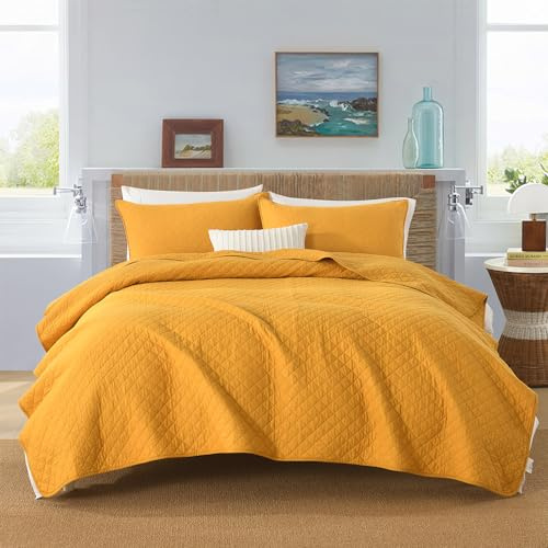 ENASAL Tagesdecken Bettuberwürf aus Baumwolle 240x260cm mit 2 Kissenbezüge für Doppelbett, 3 teilig Steppdecke Bettdecke weiche Ganzjahresdecke,Rautenmuster Gelb, 250x270cm