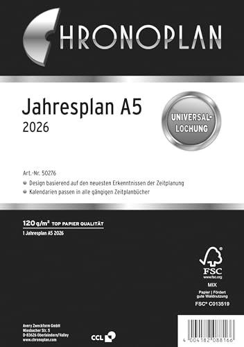 Chronoplan 50276 - Inserto per calendario 2026 (piano annuale A5 (148 x 210 mm), per pianificazione annuale chiara, 1 mese su 1 pagina apribile con piegatura Leporello), bianco