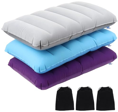 3Pcs Inflatable Flocking Cushion, Soft Flocked Blow Up Travel Camping Pillow, Ultralight Compressible Compact Air Pillow with 3 Storage Bags, Waterproof Beach Hiking Picnic Cushion