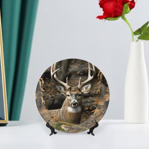 Bone China Dekoteller Camouflage Hirsch Keramik Dekoteller mit Präsentationsständer Dekorativer Teller Runde Porzellanteller Speiseteller für Zuhause Arbeitszimmer Hotel Wanddekoration
