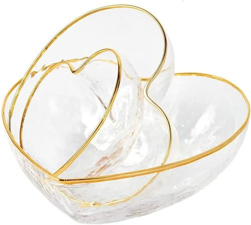 CHJJZXBF Set mit 3 herzförmigen Glasschalen und Salatschüsseln für Heimdekoration, Salat, Obst, Süßigkeiten mit Goldrand