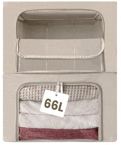 unycos – Aufbewahrungstasche【2 Stück | 66L】Unterbett Aufbewahrungsbox mit Verstärkt Griff und transparentes Fenster, Faltbare Organizer für Kleidung/Bettdecken/Decken (Grau; Iron Rod)