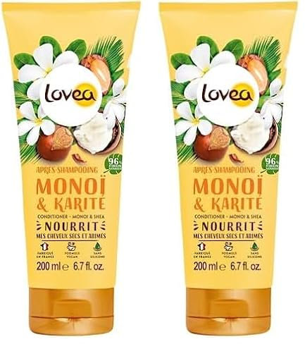 LOVEA - Après-Shampooing - Monoï & Karité - Nourrit, Répare & Démêle - Cheveux Secs Et Abimés - 96% D'Origine Naturelle - Sans Silicone - Vegan - Fabriqué En France - 200 ml (Lot de 2)
