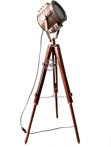 Armor House Handmade Copper Spot Light Floor Lamp with Adjustable Wooden Tripod Stand Nautical Modern Searchlight Vintage Lighting Lamp for Christmas Home Decor