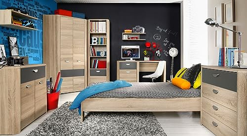 Jugendzimmer Yoop – 7-teilig: Modernes Kinderzimmer- Komplett Set in Eiche Sonoma und Grau Anthrazit mit Eckkleiderschrank, Jugendbett, Schreibtisch, Kommoden und Regalen