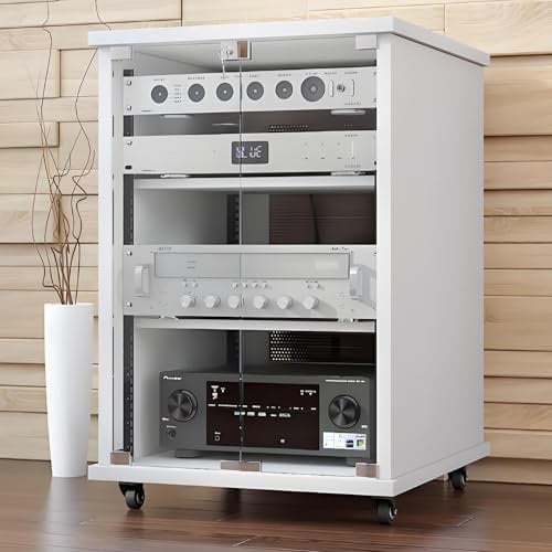 MWhite Media-Ständer mit Schublade, mehrstöckig, Audio-Regal, Stereo-Schrank, CD-Regal, höhenverstellbares Regal und Rollen, Glastüren, ideal für Heimkino