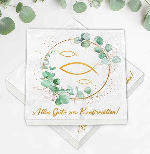 40 Stück Servietten Konfirmation + 60 Holzfische Set, Konfirmation Deko Junge Mädchen Eukalyptus Grün, Streudeko Tischdeko, Party Geschenke Gastgeschenke, Konfirmationsgeschenke Jungen Mädchen