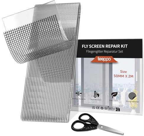 teeppo Kit de réparation pour moustiquaire de 2 m - Kit de réparation pour moustiquaire - En fibre de verre - Adhésif puissant - Empêche les moustiques et les insectes - Avec ciseaux - Gris (2 m x 5