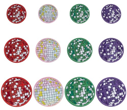 MAYJOYDIY 12Pcs Disco Ball Iron on Patch Round Balls Glitter Embroidered Applique Music Disco Party Bling Ball Iron on Patches for DIY Clothes Jacket Jeans Backpack Hats T-Shirts Bags