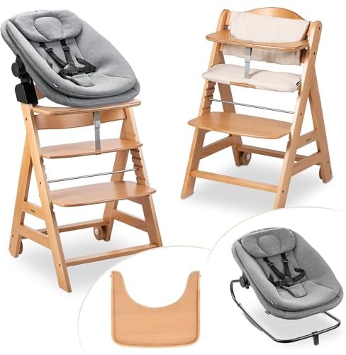 hauck Beta+ Hochstuhl Newborn Set mit Highchair Bouncer - Natural | Mitwachsender Holz Kinderhochstuhl mit Rollen ab Geburt bis 90 kg | inkl. Neugeborenenaufsatz, Essbrett & Sitzkissen