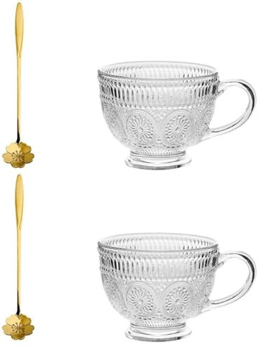 2 tazze da caffè vintage, 400 ml, in vetro con cucchiai in fiore di ciliegio, tazze in vetro trasparente goffrato, per cappuccino, latte, cereali, yogurt, latte