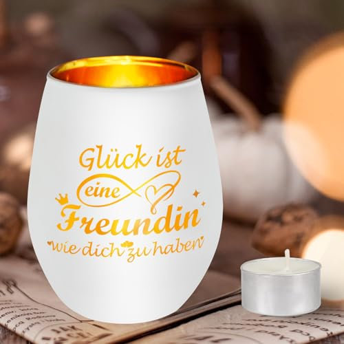 Beste Freundin Geschenke, Seutgjie Geschenke für Frauen Freundin Glückslicht Windlicht aus Glas mit Gravur Teelichthalter mit Kerze Personalisierte Geburtstagsgeschenk Kerzenständer
