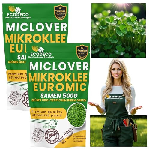 ECODECO Mikroklee Samen 1kg - Weiß Klee Samen - Clover Rasen Samen - Zwergklee für Gleichmäßiges und Grüner Gras - Microclover für Grassamen Saatgut - 800 m²mit Gras oder 400 m² Allein