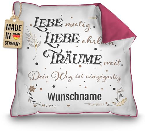 PR Print Royal Kissen mit Name und Spruch - Lebe, Liebe, Träume - Personalisiertes Geschenk zur Jugendweihe, Konfirmation, Kommunion inkl. Füllung, 40 x 40 cm, Rückseite Pink