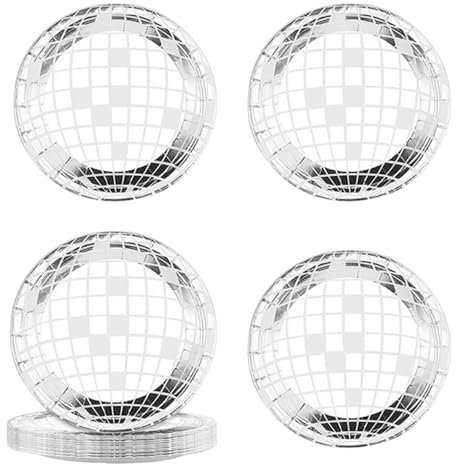 AKSIQIOL 25 Count Silver Glitter Disco Ball Plates,7 Shimmer Party Tableware for Disco Theme, Wedding Receptions, Birthday & Bachelorette Parties,70s Retro Decorative Dinner Plates