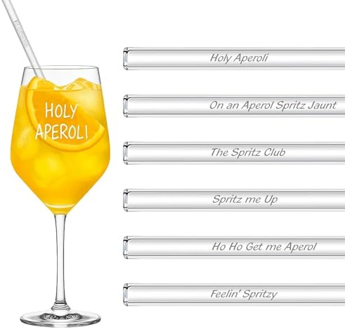Glasstrohhalme, Aperol Strohhalme, Glasstrohhalme mit Motiv Geschenkset, Aperol Geschenk, 6 Stück Gerade 20 cm, Wiederverwendbare Glas-Trinkhalme Graviert - Glasstrohalme