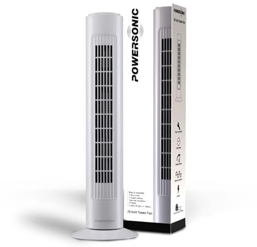 Powersonic 29 Inch OscillatingTower Fan 45W Slimline 3 Speed Air Cooling Free Standing Fan With Timer