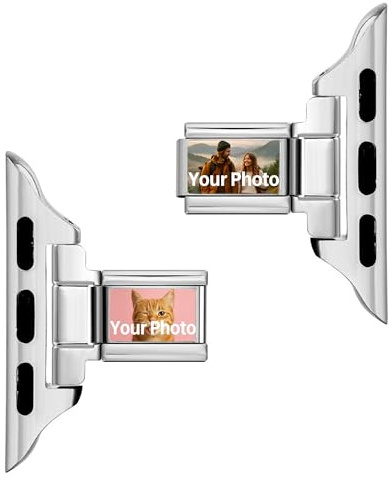 Correa italiana personalizada para Apple Watch, pulsera personalizada con doble foto para Apple Watch de 38 a 46 mm, acero inoxidable en oro o plata, regalo único para mujeres, 38/40/41/42mm, Acero