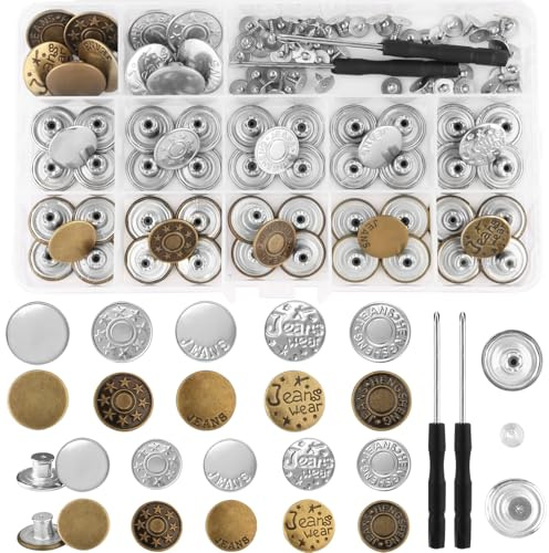 60 Set Ersatz-Jeansknöpfe aus Metall, 17 mm und 20 mm, kein Nähen, abnehmbare verstellbare Hosenknöpfe mit Schraubendreher, für Kleidung, Taschen
